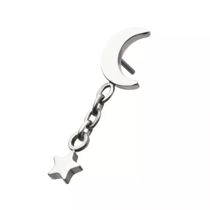 Crescent Moon with Dangle Star Titanium Threadless Pin